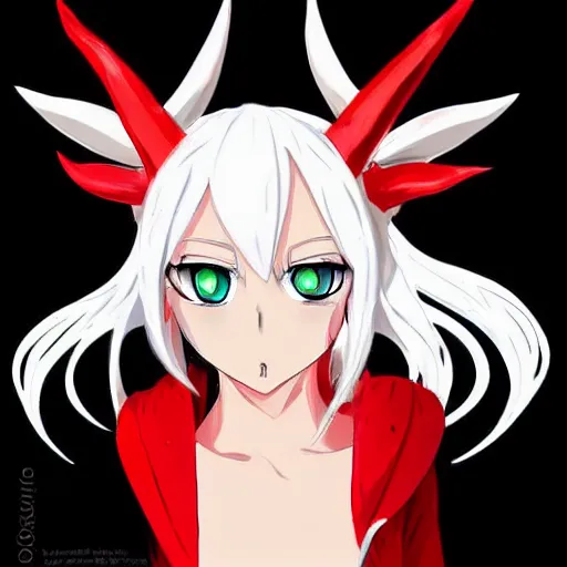 Prompt: white haired devil girl with horns, anime style, red eyes, cute