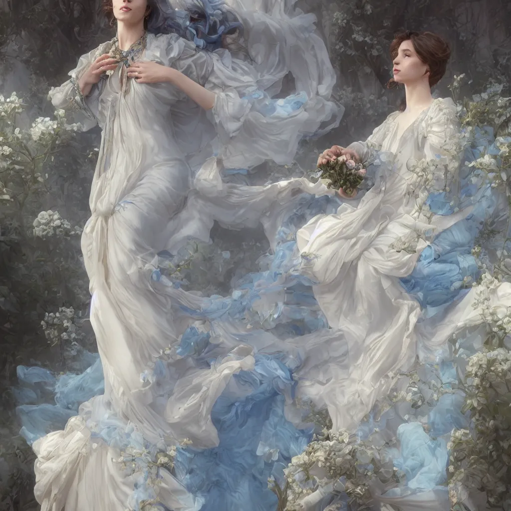 Prompt: one woman dressed in a vaporous wrapped large victorian cream roses silk semi-transparent blue and cream dress fashion is running D&D, fantasy, intricate, elegant, highly detailed, digital painting, artstation, concept art, matte, sharp focus, illustration, art by Artgerm and Greg Rutkowski and Alphonse Mucha, UHD