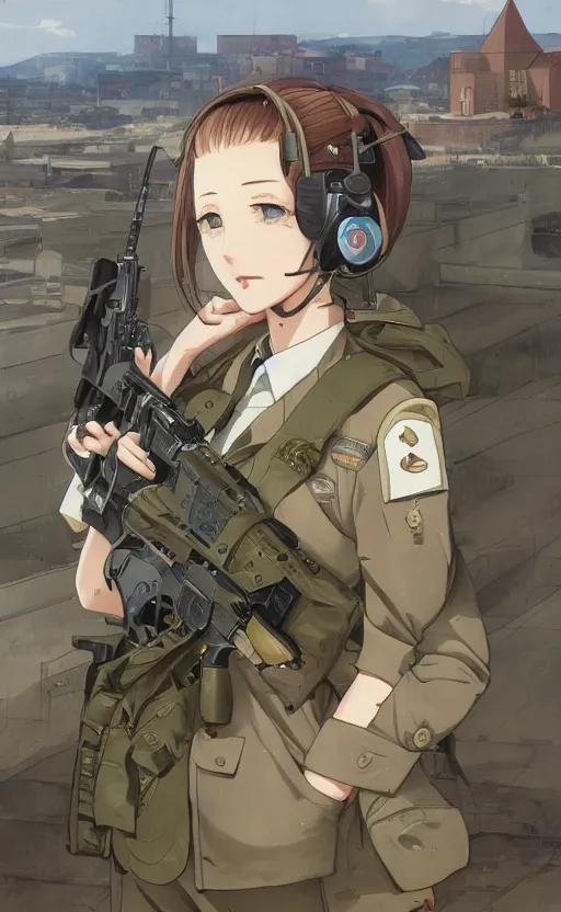 Prompt: portrait of a female soldier, highly detailed, high resolution, military camp in the background, full color manga visual style, illustration, stunning, prequel of girls frontline, bokeh soft, matte, 100mm, by professional photographer, hayao miyazaki, ilya kuvshinov, alphonse mucha, studio mappa, realistic human anatomy, realistic military carrier, modern warfare, realistic weapon, shot with a arriflex 35 ii, low saturation, small eyes