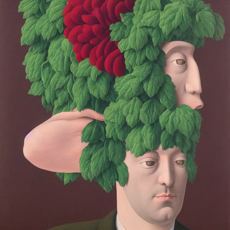 Image similar to portrait of a faceless beautiful flower - head man by rene magritte, detailed painting, distance, centered, hd, hq, high resolution, high detail, 4 k, 8 k