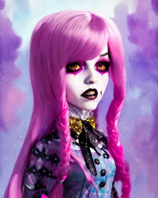 Image similar to watercolor portrait of monster high draculaura doll, stephen bliss, unreal engine, by greg rutkowski, loish, rhads, makoto shinkai and lois van baarle, ilya kuvshinov, rossdraws, global illumination, radiant light, detailed and intricate environment, watercolor lighting