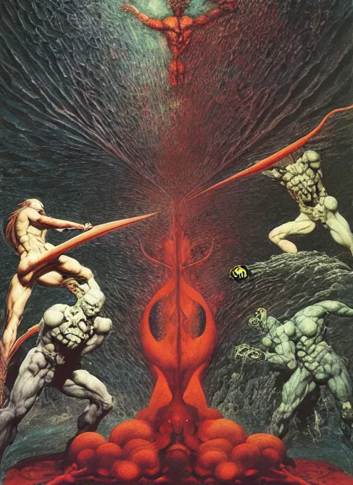 Prompt: battle between good and evil , battle between angels and demons, psx game graphics , painting by Beksinski and Moebius and Takato Yamamoto, by William Blake, Austin Osman Spare, high resolution, ultra detailed