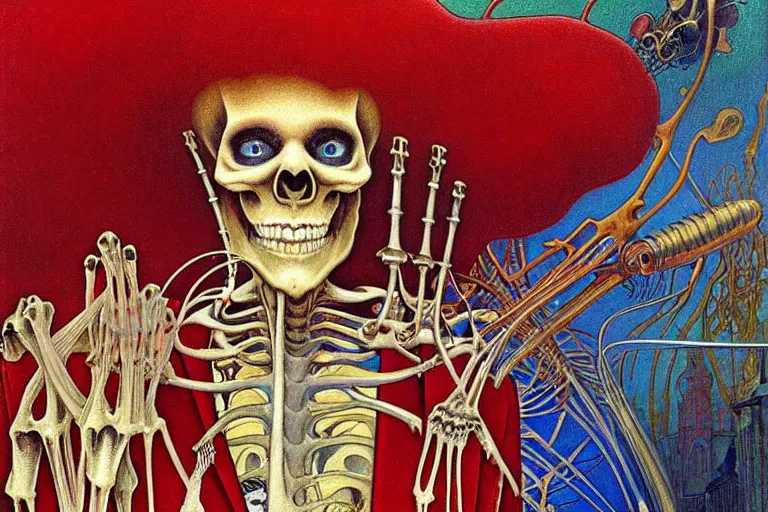 Image similar to realistic detailed closeup portrait painting of a single skeleton wearing red velvet blazer in a crowded futuristic moscow street by Jean Delville, Amano, Yves Tanguy, Alphonse Mucha, Ernst Haeckel, Edward Robert Hughes, Roger Dean, rich moody colours, blue eyes