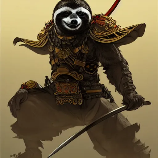 Image similar to graphic, hyperreal illustration of anthropomorphic sloth in traditional samurai armor : : digital art, concept art, character development : : illustrated by artgerm, yoji shinkawa, scott buoncristiano, nychos