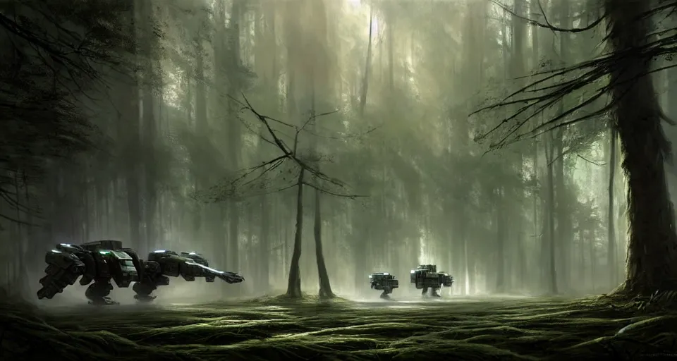 Prompt: hyper realistic sci - fi matte concept art painting of giant battlemech walking through a forest, beautiful details, strong composition painted by kim jung guweta studio rutkowski, james gurney and greg rutkowski, and lucasfilm, smooth, intricate, detailed, sharp focus, cinematic