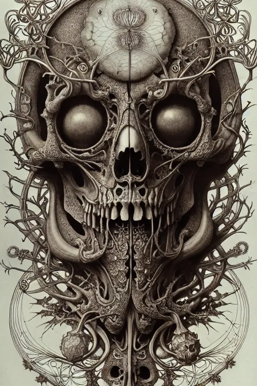 Image similar to art forms of nature by ernst haeckel, memento mori by arthur rackham, ornate antique porcelain beautiful skull mask, ultrasharp, photorealistic, hyperdetailed, octane render, polished, art nouveau, neo - gothic, gothic, intricate ornamental organic filigree, art nouveau botanicals, art forms of nature by ernst haeckel, horizontal symmetry, symbolist, visionary