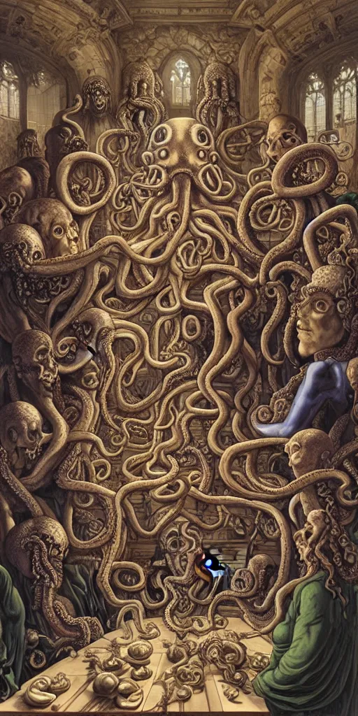 Image similar to group of mages with human bodies and octopus heads and group of mages with medusa heads sitting near the table and arguing in an ancient mage castle with enormous scale, gothic and baroque, brutalist architecture, ultradetailed, Intricate by James Jean and Josan Gonzalez and John Howe and Giuseppe Arcimboldo