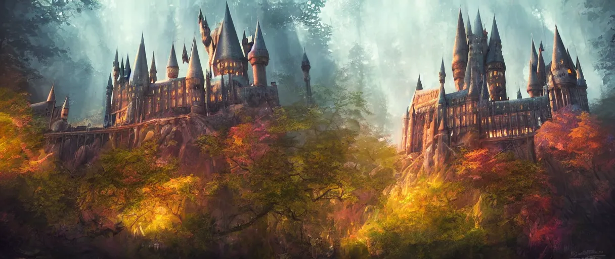 Image similar to huge hogwarts type castle city in the forest behind a garden, concept art, digital painting, style of jordan grimmer, warm lighting, futuristic, volumetric lighting, view from below, vivid colours, bright, daytime, godrays, high detail