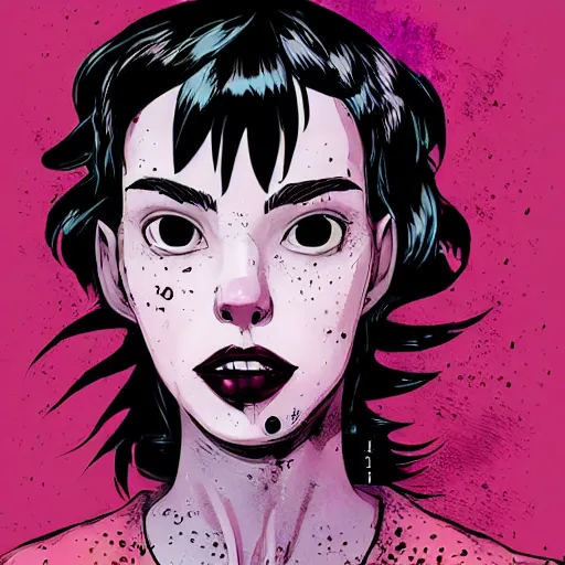 Image similar to Highly detailed portrait of pretty punk zombie young lady with freckles by Atey Ghailan, by Loish, by Bryan Lee O'Malley, by Cliff Chiang, inspired by image comics, inspired by graphic novel cover art, inspired by papergirls !!!mystical color scheme ((gradient grafitti tag brick wall background))