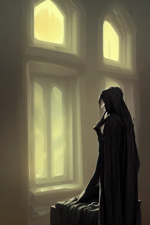 Prompt: death in black robes, waking up from the bed , sunrise coloring the room,fantasy, intricate, elegant, highly detailed, digital painting, artstation, concept art, smooth, sharp focus, illustration, art by Ilja Repin