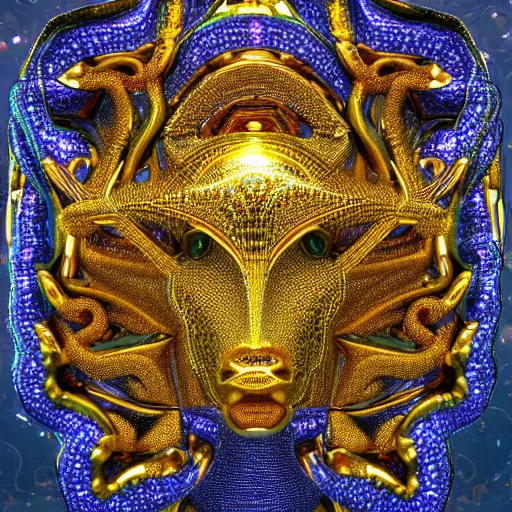 Image similar to a beautiful symmetrical being made of crystals,golden ornaments by alex gray and android jones, 3D, 8k resolution