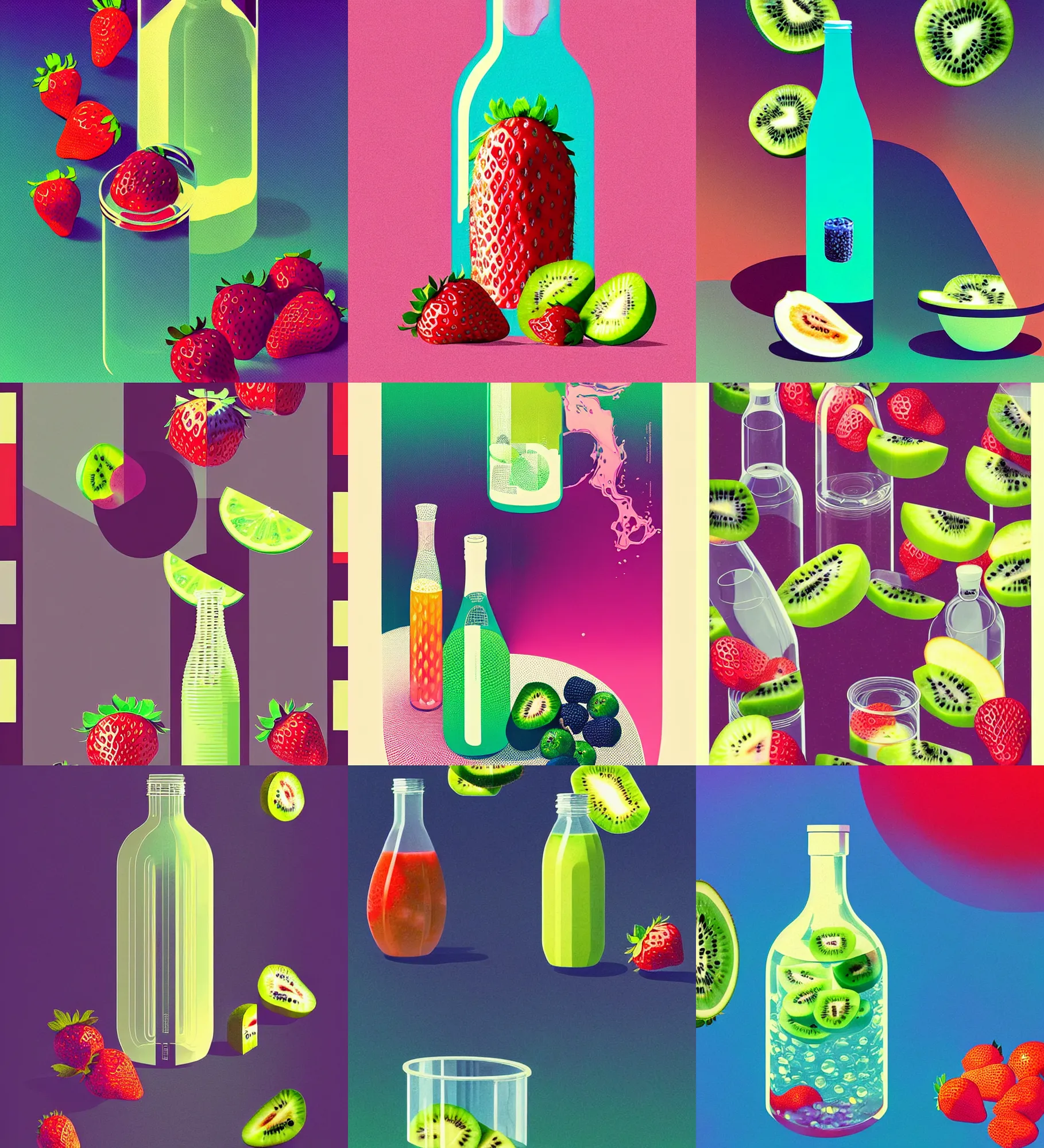 Prompt: ( ( dither ) ), editorial illustration strawberries blueberries sliced kiwi sliced lemon layered inside a clear drinking bottle, isometric, modern art deco, ( ( mads berg ) ), christopher balaskas, victo ngai, rich grainy texture, detailed, dynamic composition, wide angle, matte print, art nouveau, ( ( dieter rams ) )