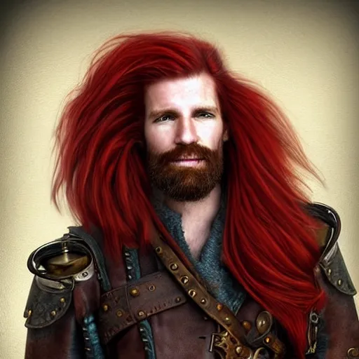 Image similar to portrait of a ruggedly handsome!!!!! male captain with long red hair!!!!!!, upper body, wavey hair, leather coat, friendly, Steampunk airship!!!!!!!, D&D, hairworks, Unreal 4, fantasy, simple clothing!!!!, elegant, highly detailed, digital painting, hairworks, deviantart, artstation, concept art, sharp focus, dramatic lighting, illustration, art by Artgerm and Greg Rutkowski and Alphonse Mucha