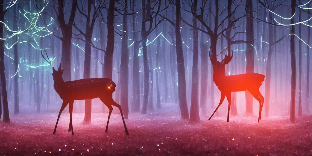 Image similar to a single deer in an ethereal electronic forest made from glowing circuits and electronics, highly detailed concept art, cinematic framing, 3 d, dark, moody, led