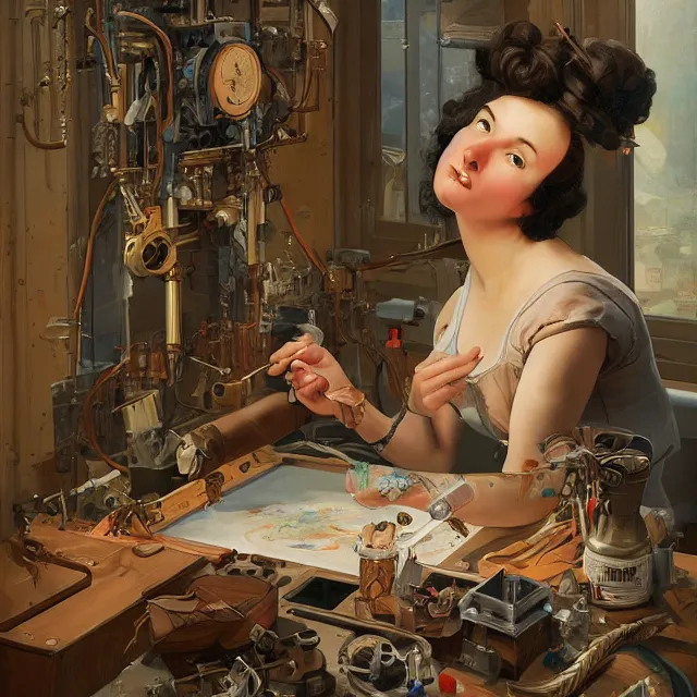 Prompt: mechanical artist painting a self - portrait on a canvas. intricate, highly detailed, digital matte painting, in the style of alexandros pyromallis, and in the style of sachin teng, and in the style of hans thoma, and in the style of gil elvgren. irony, recursion, inspiration.