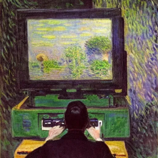 Image similar to monet painting of a frustrated man playing a first person shooter on a computer, highly detailed, realistic,