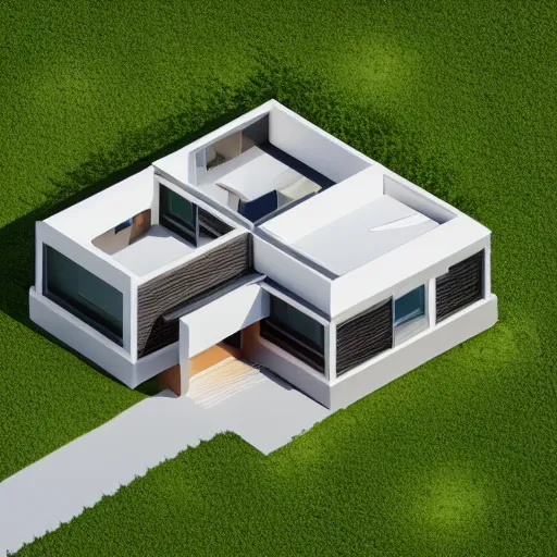 Image similar to isometric render of a beautiful modern home designed for aesthetics, energy efficiency and foliage, cg render, high resolution, professional