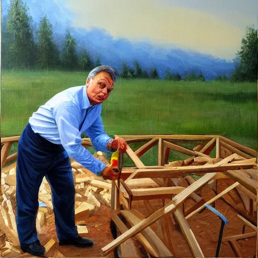 Image similar to viktor orban building a house, oil painting