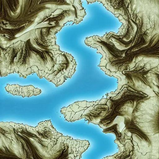 Prompt: imagistic this is a land on an unforgiving world of churning oceans and jagged coastlines. every habitable island is situated somewhere along the planet's equator where the weather is still volatile but more hospitable than any points to the north or south