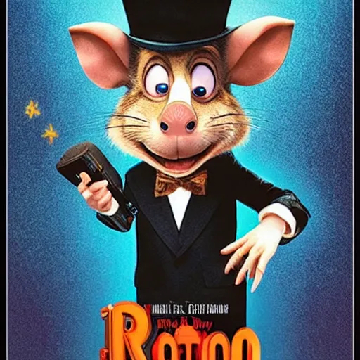 Image similar to movie poster of an anthropomorphic singing rat, starring william dafoe