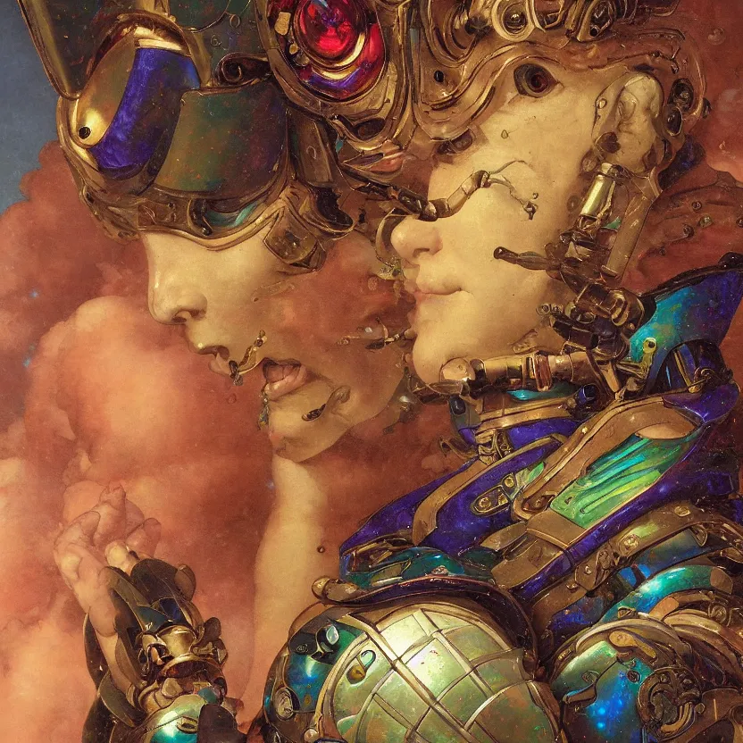 Prompt: a baroque neoclassicist close - up renaissance portrait of an iridescent whimsical 1 8 0 0 s gundam mecha jester, glowing eyes. reflective detailed textures. glowing colorful fog, dark background. highly detailed fantasy science fiction painting by moebius, norman rockwell, frank frazetta, and syd mead. rich colors, high contrast. artstation