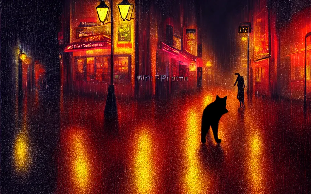 Image similar to black cat running through heavy rain in an emprty neon lit street at night by wlop, ultra detailed color art, high detail, digital art