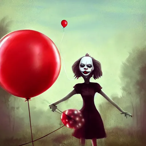 Image similar to grunge cartoon landscape painting of bilie eilish with a wide smile and a red balloon by - michal karcz, loony toons style, pennywise style, horror theme, detailed, elegant, intricate