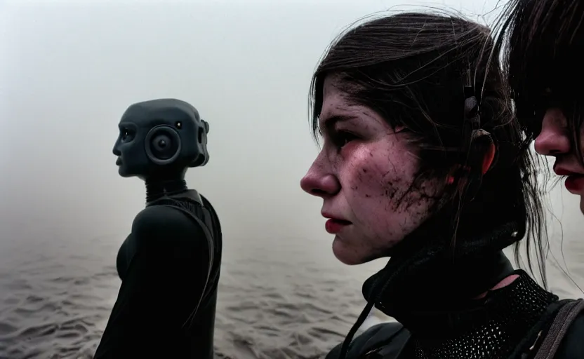 Image similar to cinestill 5 0 d candid photographic portrait by helen levitt of two loving female androids wearing rugged black mesh techwear in treacherous waters, extreme closeup, modern cyberpunk moody emotional cinematic, dust storm, 8 k, hd, high resolution, 3 5 mm, f / 3 2, ultra realistic faces, ex machina