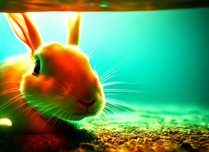 Prompt: under water rabbit, water light scattering, underwater photography, high details, 8 k, realistic shot, cinematic lighting