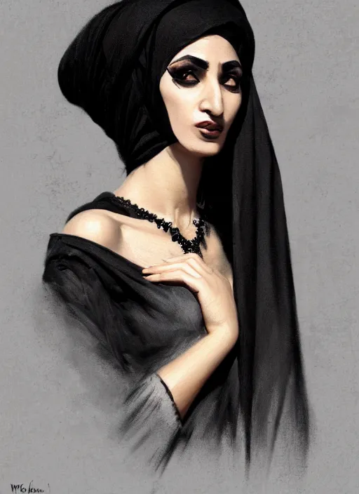 Prompt: portrait of an arab woman with a crooked nose and a confident expression, 1 9 6 0 s, black clothes, goth, punk, funk, intricate, elegant, highly detailed, digital painting, artstation, concept art, smooth, sharp focus, illustration, art by wlop, mars ravelo and greg rutkowski