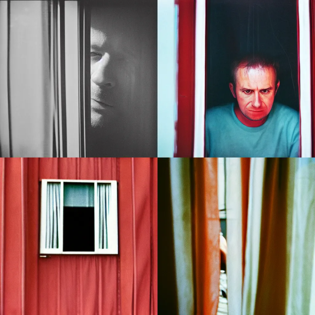 Prompt: close-up photo of a frightened man who peeks through a curtained window, Kodak Ektar 100 film