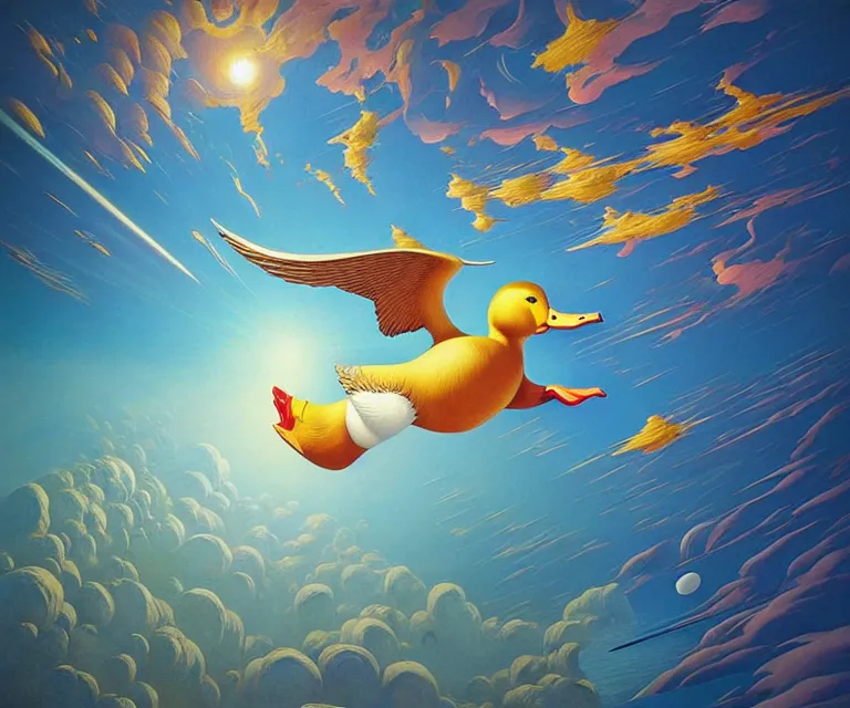 Image similar to hyper detailed 3d render like a Oil painting - a cartoon duck soaring far above the earth into deep space, by Jacek Yerka, Mariusz Lewandowski, Houdini algorithmic generative render, Abstract brush strokes, Masterpiece, Edward Hopper and James Gilleard, Zdzislaw Beksinski, Mark Ryden, Wolfgang Lettl, hints of Yayoi Kasuma, octane render, 8k