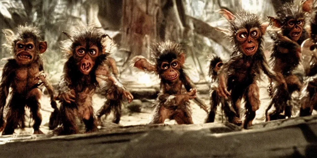 Image similar to frame from planet of the apes gremlins.