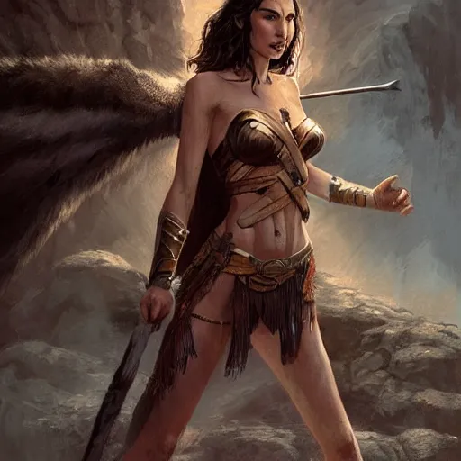 Image similar to full body portrait of gal Gadot as a beautiful barbarian posing on a fur skin in a cozy cabin interior, matte, Greg Rutkowski, digital painting, highly detailed, artstation, frank Frazetta, Joe Jusko