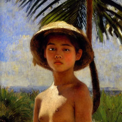 Prompt: a ultradetailed beautiful painting of a girl on amazonas by jules bastien - lepage, hans belmer, frank weston and gustave baumann, trending on artstation, mediterranean, palm trees, light sparkles, sharp focus, soft light