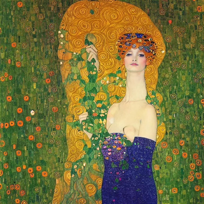 Image similar to a beautiful ethereal goddess entwined in ivy, a luminescent ray of light, shimmering and prismatic, gustav klimt style