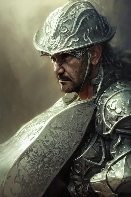 Image similar to portrait antonio banderas as paladin, fantasy, dnd, intricate, highly detailed, smooth, artstation, digital illustration by Ruan Jia and Mandy Jurgens and Artgerm and Wayne Barlowe and Greg Rutkowski and Zdislav Beksinski