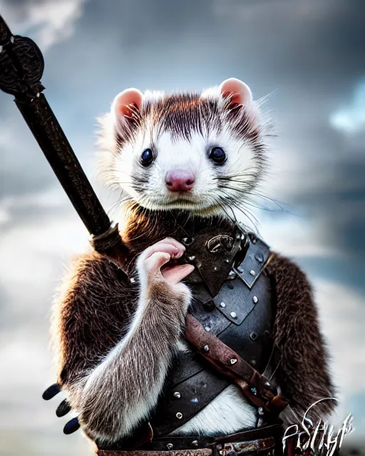 Image similar to ferret warrior, furry, fantasy, viking, high detailed, photography, cloudy, lightweight leather armour, scandinavia, plain, detailed face, look into the distance, serious face, full body, in full growth, professional photographer, masterpiece, 5 0 mm, extremely detailed, digital art 8 k