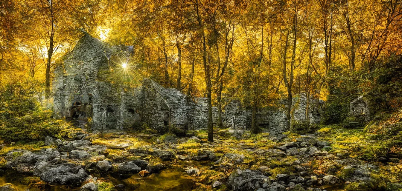 Image similar to stone cottages underneath a dense tall forest, pristine ponds. bodyscapes. fine painting intricate brush strokes, bright depth oil colors. 2 8 mm perspective photography by araken alcantara. intense promiseful happiness, autumn sunrise warm hdri forest light