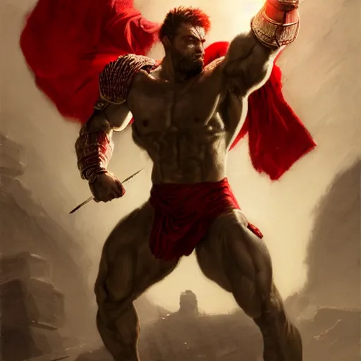 Image similar to handsome portrait of a spartan guy bodybuilder posing, radiant light, caustics, war hero, crimson cape, metal gear solid, by gaston bussiere, bayard wu, greg rutkowski, giger, maxim verehin