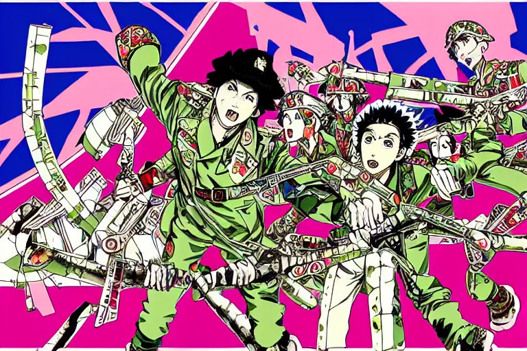 Image similar to The Stalingrad ruins | Colorfull pop art | art by Hirohiko Araki | Hirohiko Araki | Anime wallpaper | funky | colorful | digital art