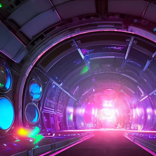 Image similar to hologram dj rave in the interior of an international space station. giant robotic mech particle accelerator. huge music festival with wall of sound. photorealistic 35mm 4k octane render