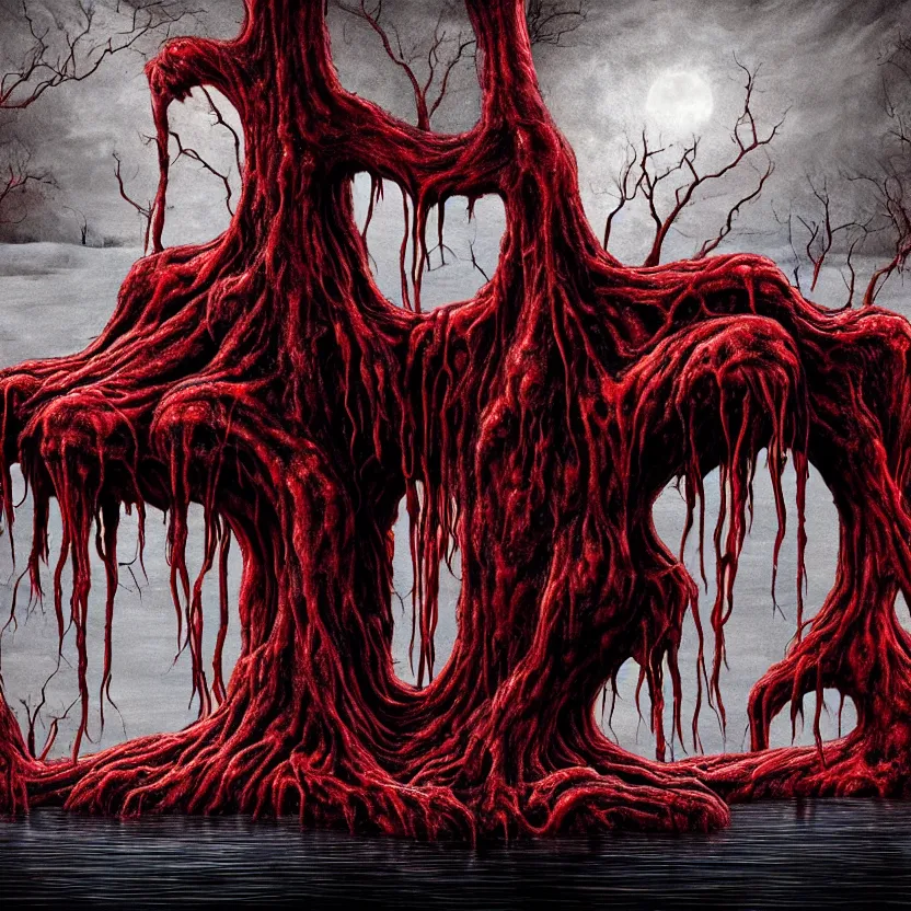 Image similar to a portrait of ( a monster with five heads, twelve arms, and sixteen legs ), sitting on ( chair made of human limbs ), ( the chair is floating in a lake of blood ), ( in the lake is a giant melting tree ), digital art, hyperrealistic nightmare scene, supernatural, highly detailed, creepy, terrifying