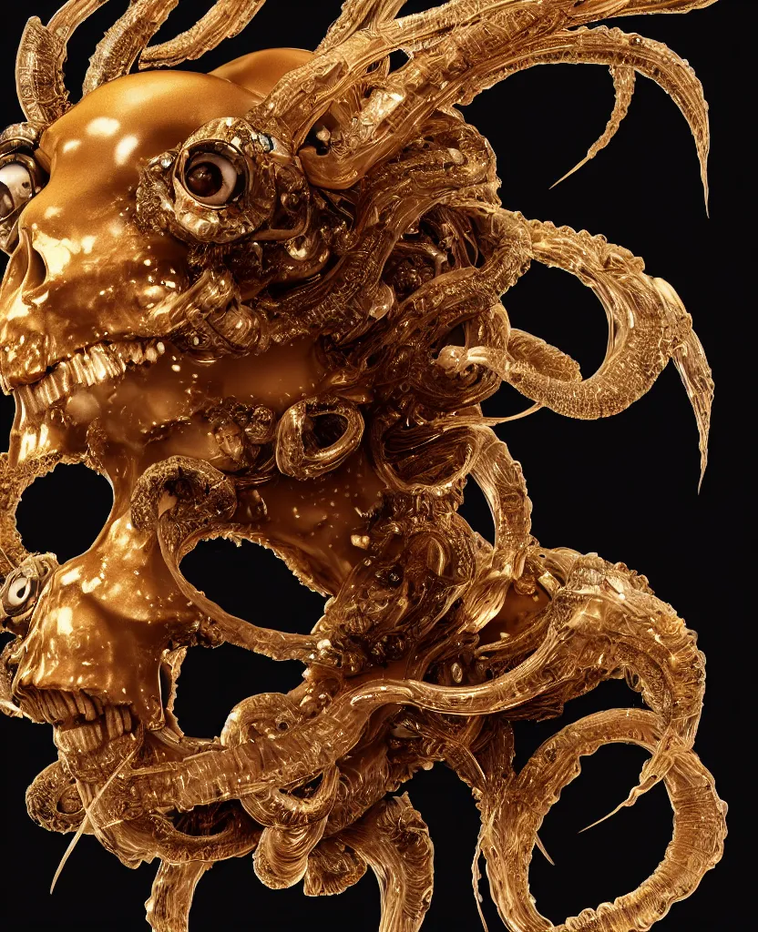 Image similar to black background. goddess princess face close-up portrait ram skull. sculpture made of gold and brilliants. jellyfish phoenix head, nautilus, orchid, skull, betta fish, bioluminiscent creatures, intricate artwork by Tooth Wu and wlop and beeple. octane render, trending on artstation, greg rutkowski very coherent symmetrical artwork. cinematic, hyper realism, high detail, octane render, 8k