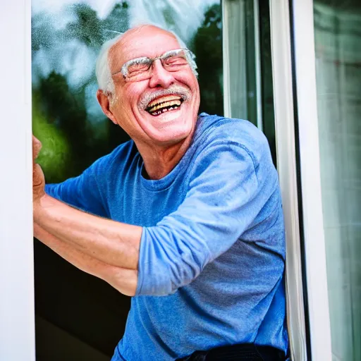 Image similar to a smiling old man climbing through a window