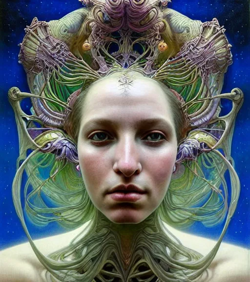 Prompt: detailed realistic beautiful young groovypunk queen of andromeda galaxy in full regal attire. face portrait. art nouveau, symbolist, visionary, baroque, giant fractal details. horizontal symmetry by zdzisław beksinski!!!!!, iris van herpen, raymond swanland and alphonse mucha. highly detailed, hyper - real, beautiful