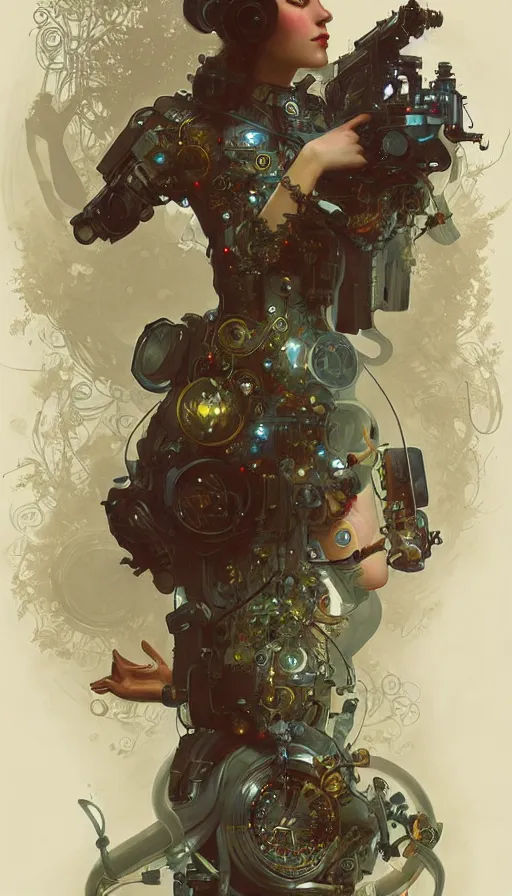 Image similar to hyper realistic time machine schematics, cyberpunk, design on white background, beautiful details, lush foliage, drawn by john singer sargent, tom bagshaw, norman rockwell, alphonso mucha, lolish, trending on artstation