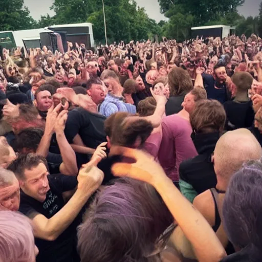 Prompt: dirk van duijvenbode in a mosh pit full at a gig where the band are all aubergines.