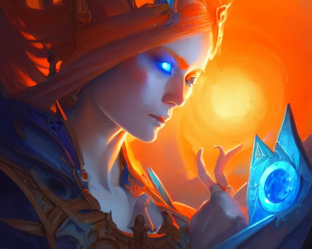 Image similar to blue and orange portal, deep focus, d & d, fantasy, intricate, elegant, highly detailed, digital painting, artstation, concept art, matte, sharp focus, illustration, hearthstone, art by artgerm and greg rutkowski and alphonse mucha