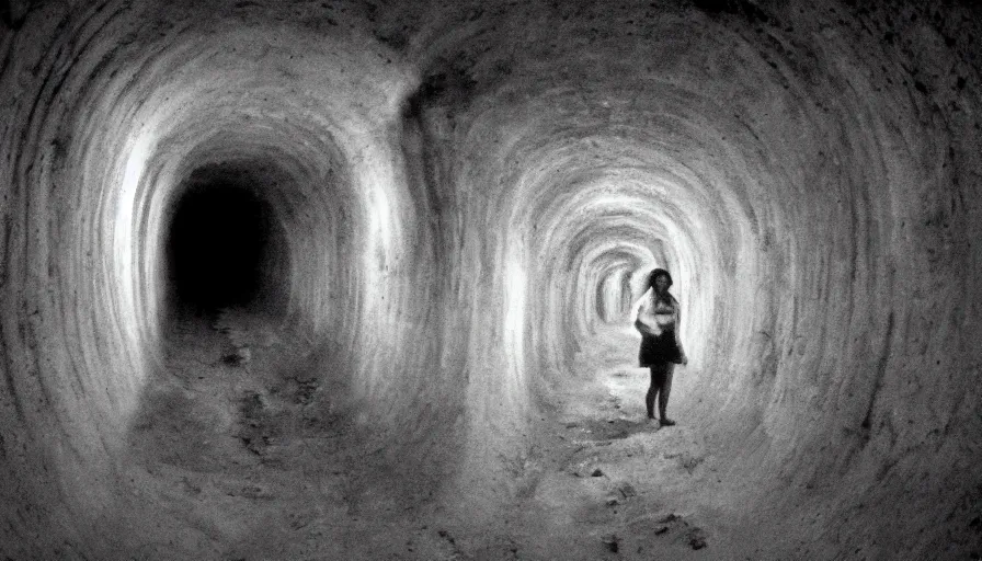 Prompt: portrait of a white female phantom with roots fingers in an empty soviet tunnel, early black and white 8mm, heavy grain, low quality,